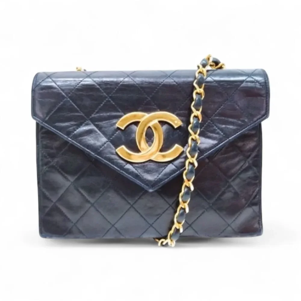 CHANEL Black Quilted 24K CC Logo Hardware Leather Shoulder Bag